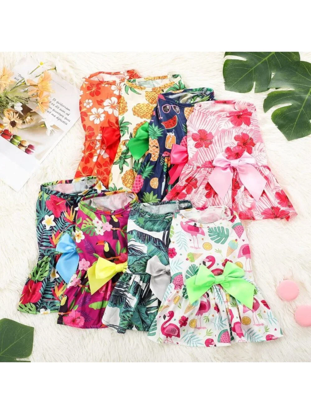 Summer Hawaii Dog Dresses - 8 Pcs Floral Flamingo Skirts for Girls & Cats, Beach